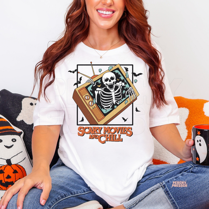 Scary Movies and Chill, Retro TV Skeleton Graphic Shirt | Halloween Movie Night Vibes Apparel