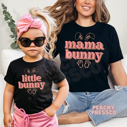 Mama Bunny and Little Bunny black matching shirts with leopard bunny ears, mom and mini outfit with toddler, trendy Easter look