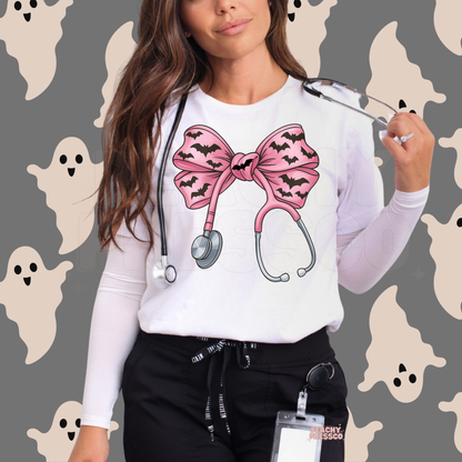 Halloween Nurse Shirt – Pink Bat Bow Stethoscope Sweatshirt – Cute Spooky Medical Healthcare Workers, Apparel