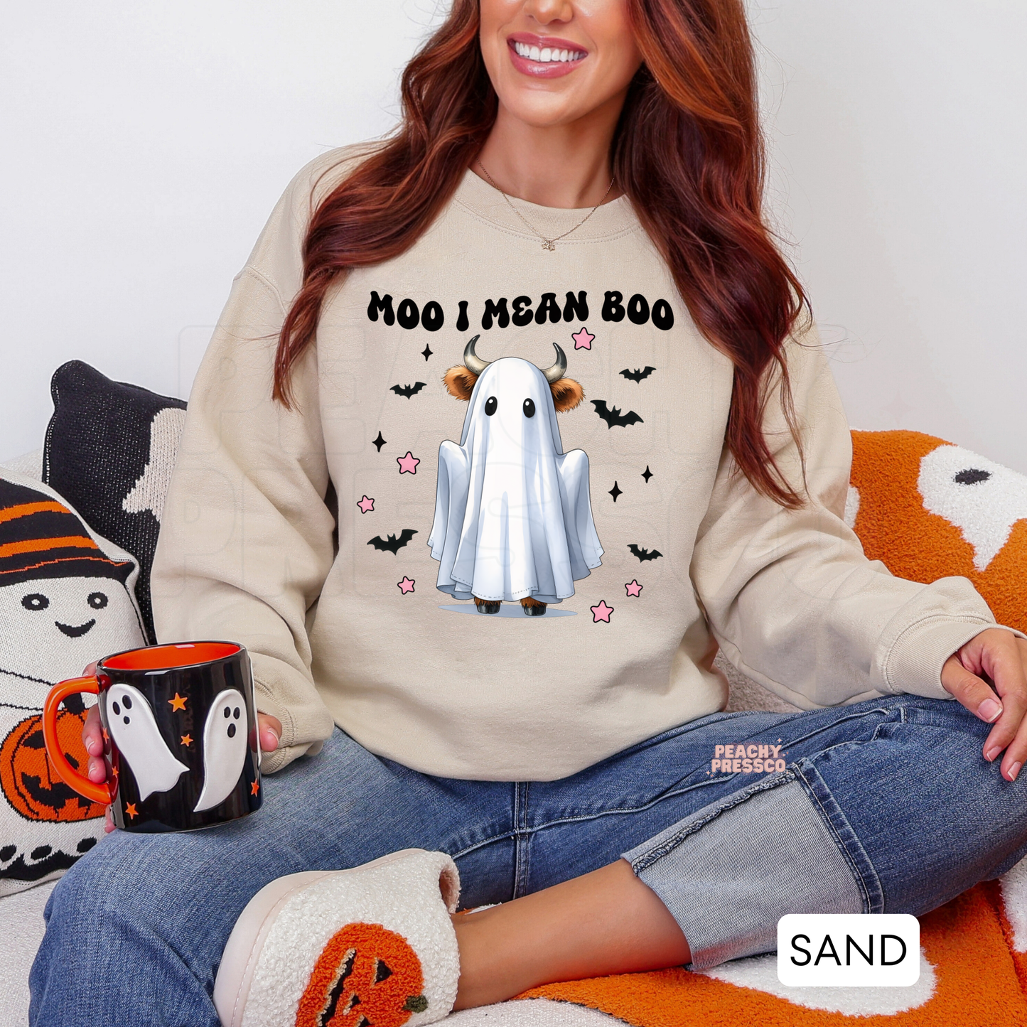 Moo I Mean Boo Funny Cow Ghost Sweatshirt – Cute Halloween Crewneck, Apparel