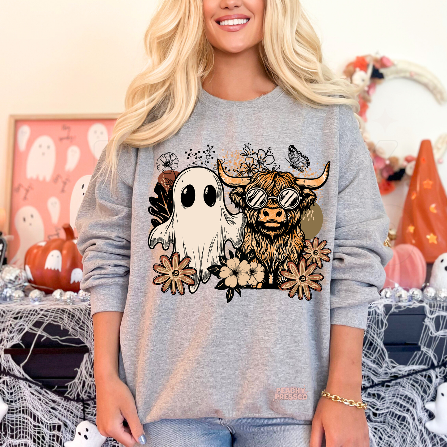 Boho Ghost & Highland Cow Halloween Shirt | Cute Fall Floral Cowgirl Apparel
