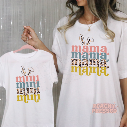 Mama and Mini matching white shirts with retro layered text and leopard bunny ears, Easter mom and mini outfit