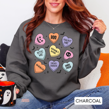 Spooky Candy Hearts Halloween Shirt – Cute Pastel Graphic Sweatshirt, Apparel