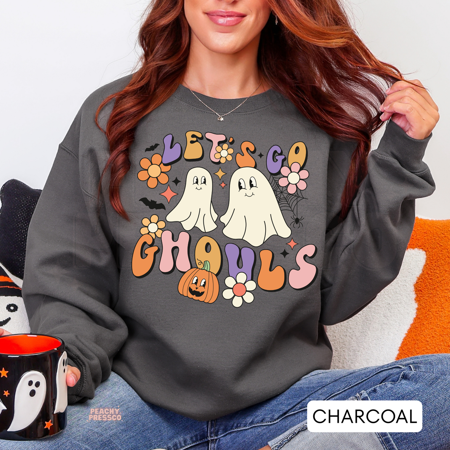 Cute Ghosts & Pumpkin Shirt | Let's Go Ghouls Halloween Crewneck, Apparel
