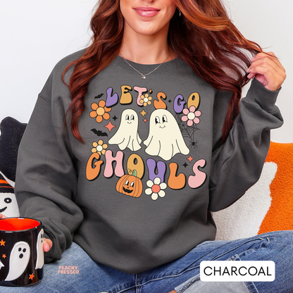 Cute Ghosts & Pumpkin Shirt | Let's Go Ghouls Halloween Crewneck, Apparel