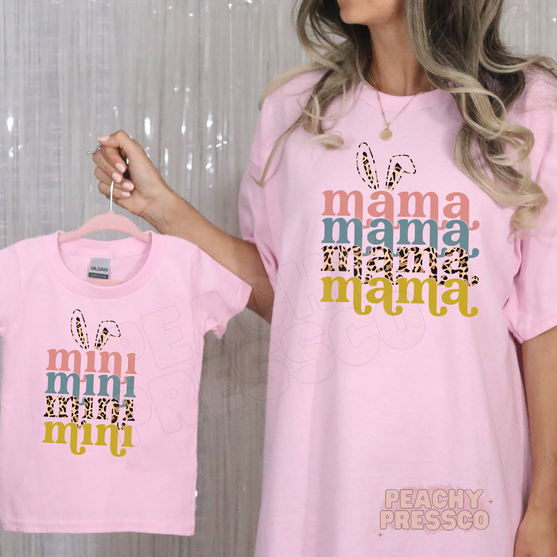 Pink Mama and Mini matching shirts with retro mama mini text and bunny ears design, cute spring outfit for mom and toddler