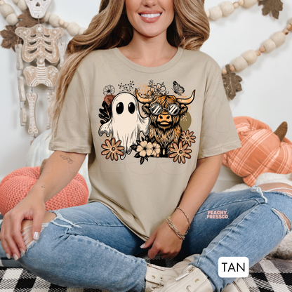Boho Ghost & Highland Cow Halloween Shirt | Cute Fall Floral Cowgirl Apparel