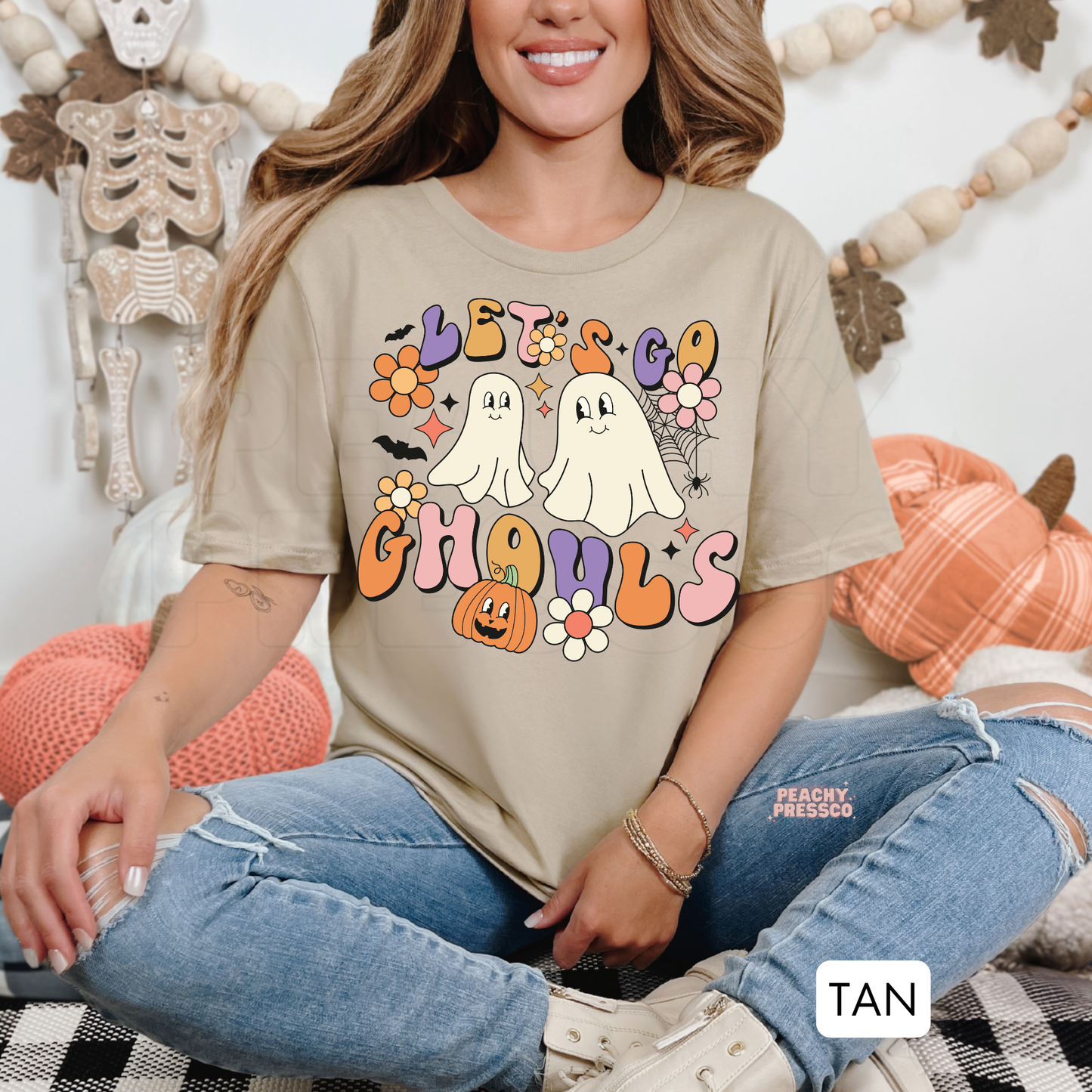 Cute Ghosts & Pumpkin Shirt | Let's Go Ghouls Halloween Crewneck, Apparel
