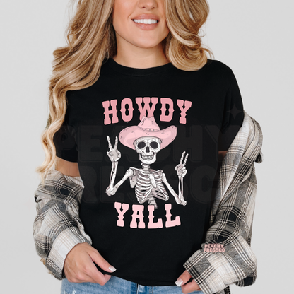 Howdy Y’all Pink Skeleton Western Shirt – Funny Cowgirl Halloween Sweatshirt – Retro Country Apparel