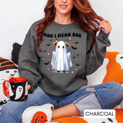 Moo I Mean Boo Funny Cow Ghost Sweatshirt – Cute Halloween Crewneck, Apparel