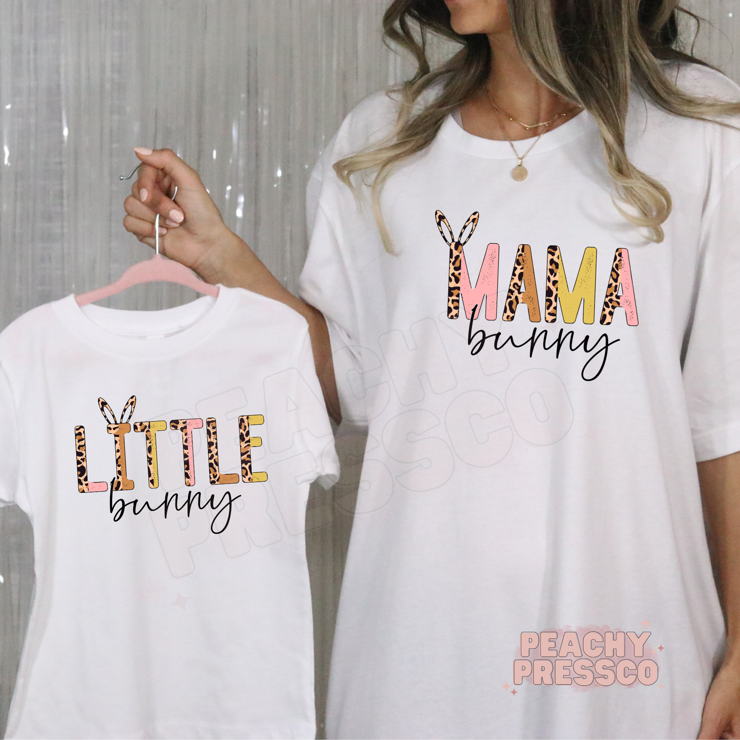 Mama Bunny and Little Bunny matching white shirts with leopard print lettering, mom and mini Easter outfit