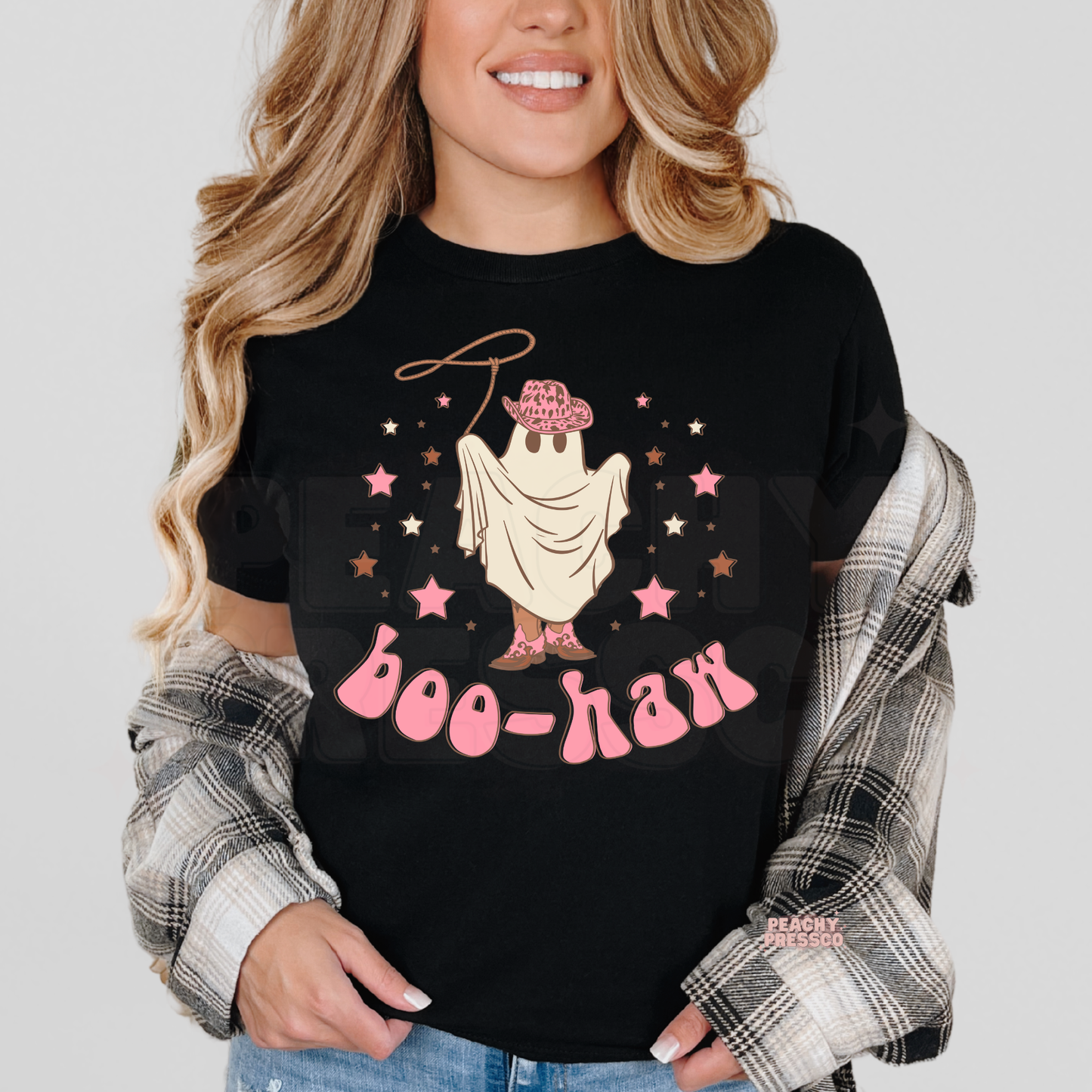 Retro Boo Haw Cowgirl Ghost Shirt – Pink Western Halloween – Country Apparel
