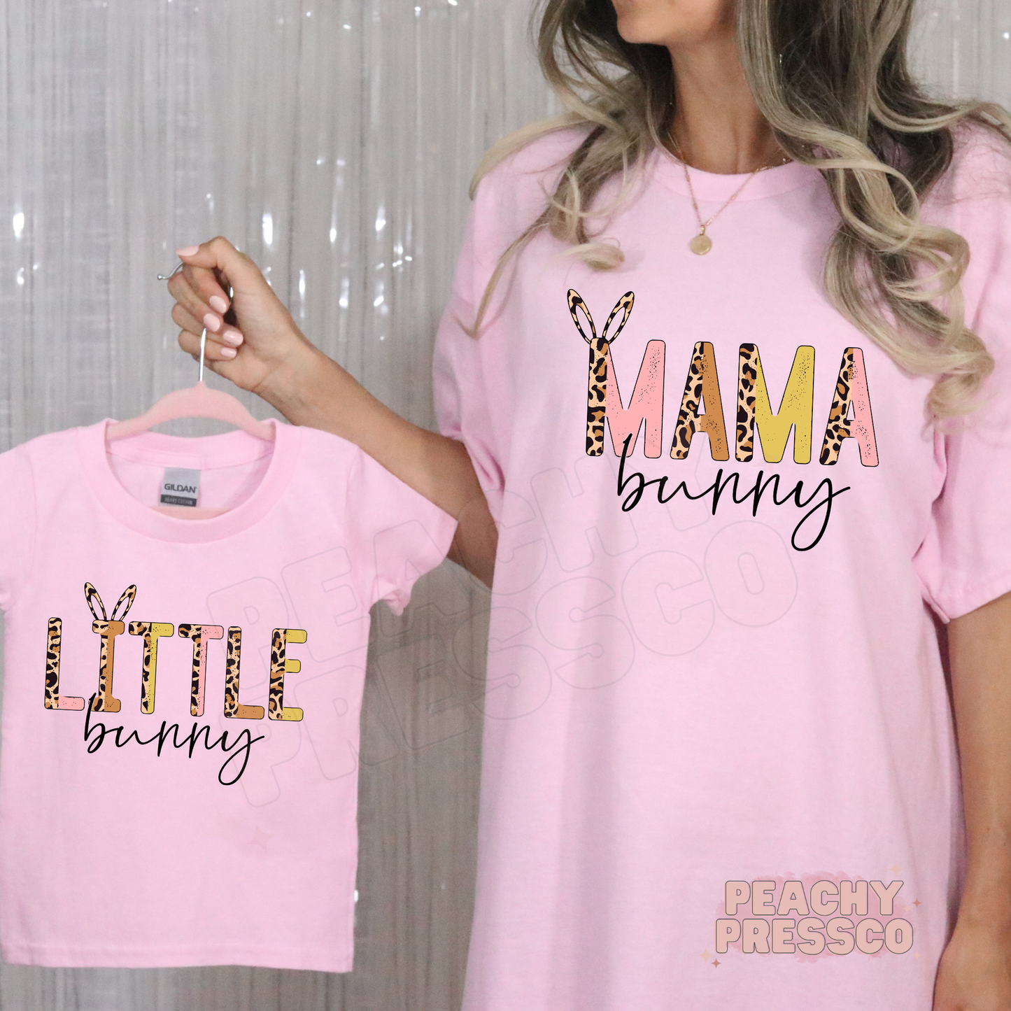Pink Mama Bunny and Little Bunny matching shirts with leopard bunny design, cute mom and mini Easter outfit
