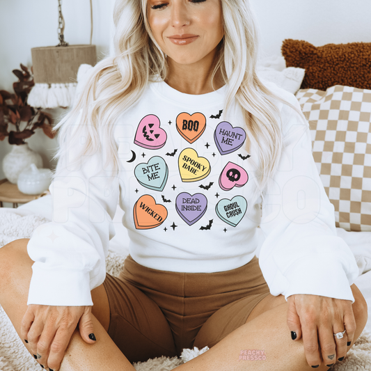 Spooky Candy Hearts Halloween Shirt – Cute Pastel Graphic Sweatshirt, Apparel