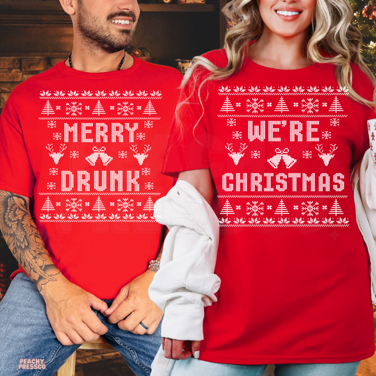 Funny Matching Christmas Shirts – Merry Drunk, We’re Christmas – Couples Holiday Apparel