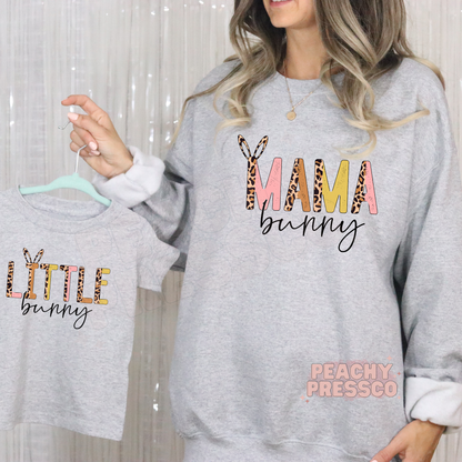 Grey Mama Bunny sweatshirt and Little Bunny tee matching set, leopard print bunny design, cozy Easter outfit
