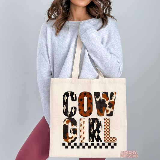 Cow Girl Western Tote Bag – Retro Cactus & Cow Print Canvas Bag