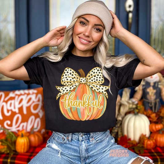 Thankful Pumpkin Sweatshirt with Polka Dot Bow – Fall Graphic Apparel