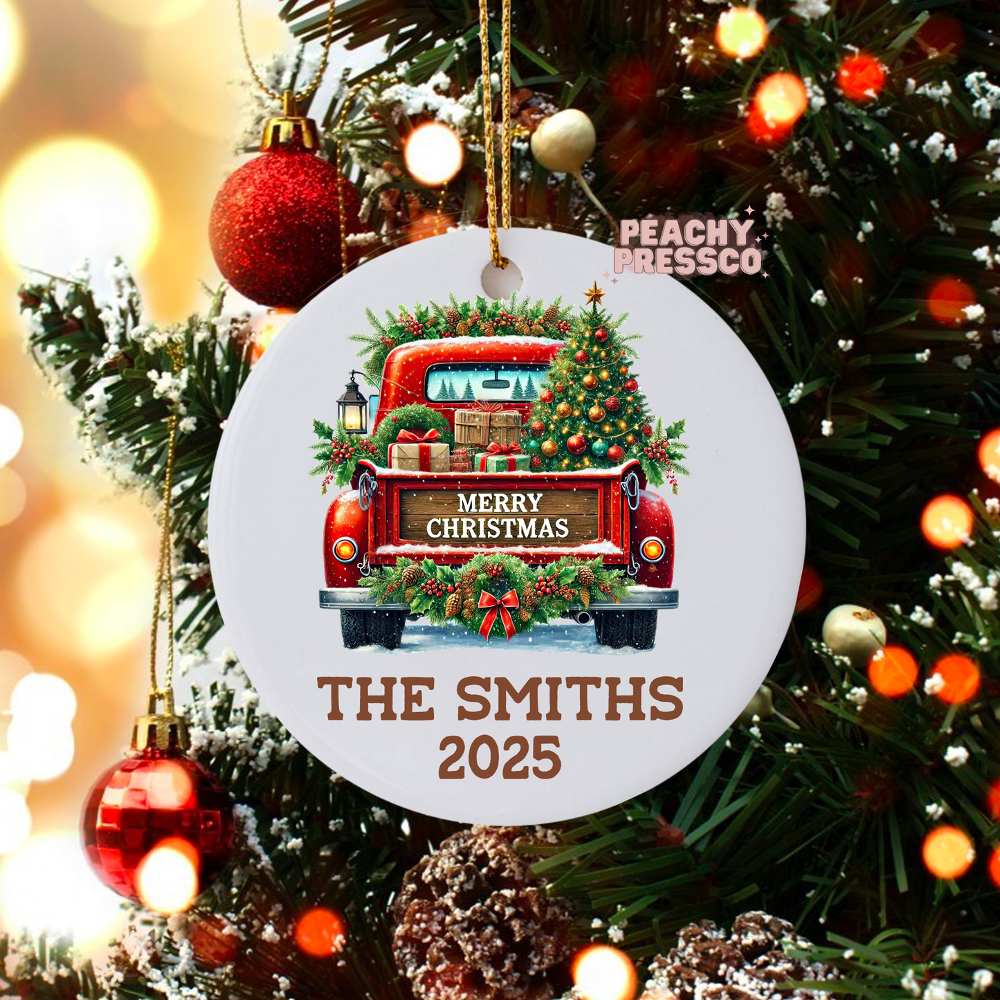 Personalized Red Truck Christmas Ceramic Ornament – Vintage Holiday Keepsake