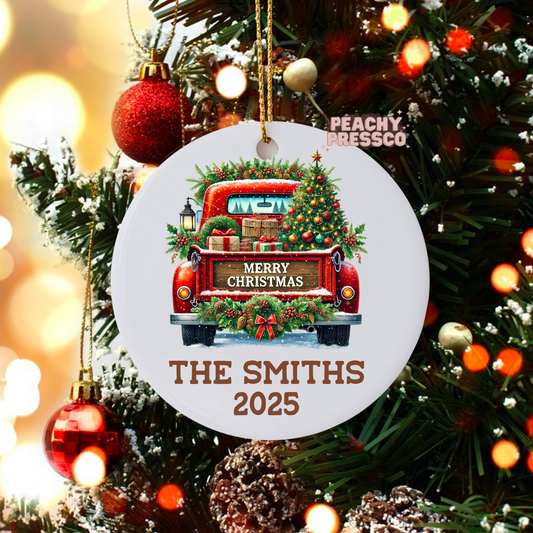 Personalized Red Truck Christmas Ceramic Ornament – Vintage Holiday Keepsake