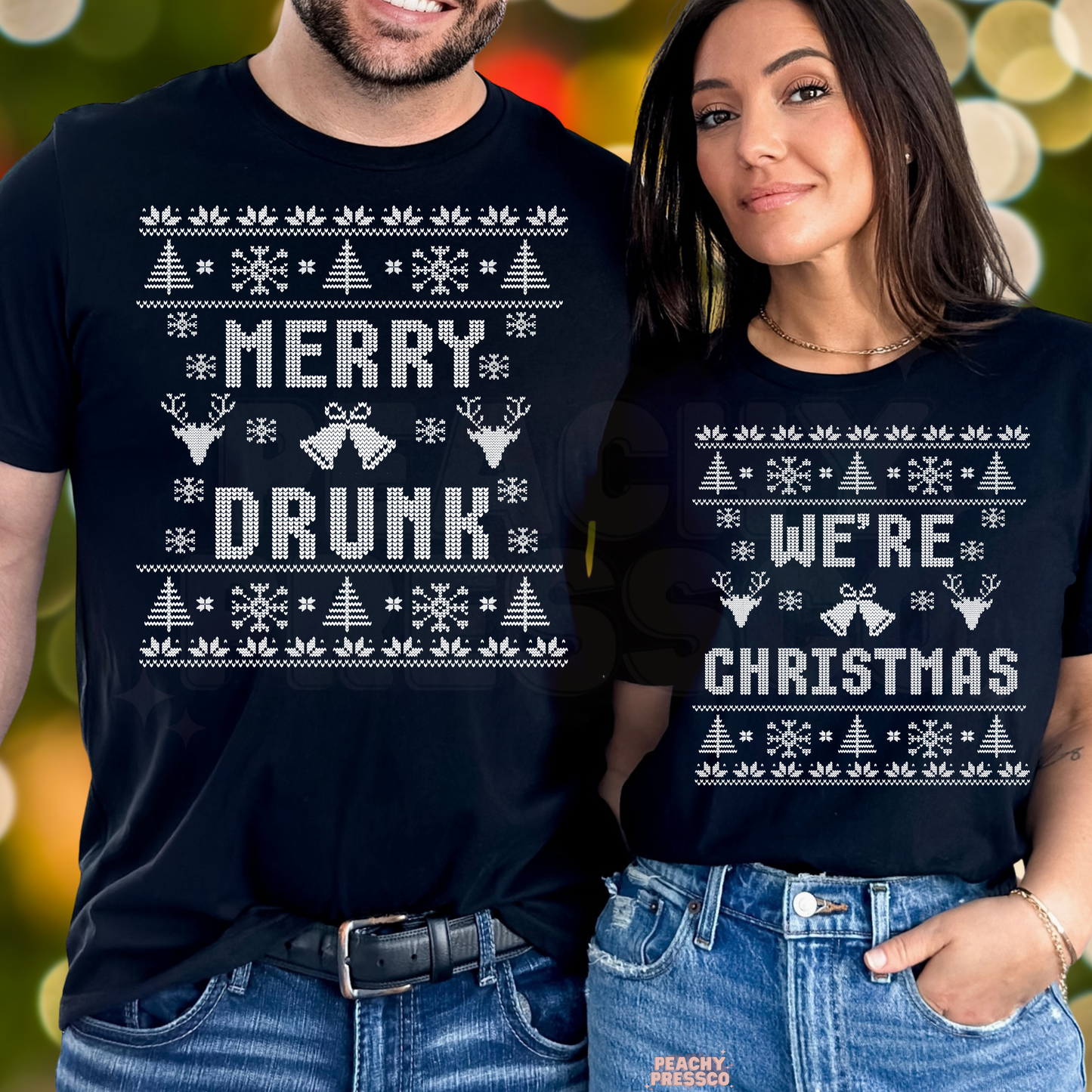 Funny Matching Christmas Shirts – Merry Drunk, We’re Christmas – Couples Holiday Apparel