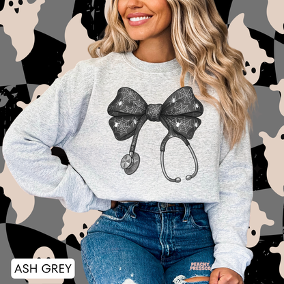 Spooky Nurse Bow Sweatshirt – Spider Web Stethoscope Halloween Crewneck, Apparel