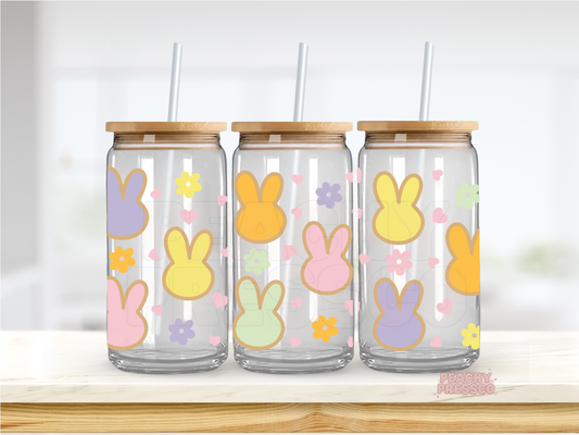 Pastel Bunny Flower Glass Cup – 16oz Cup with Bamboo Lid & Straw