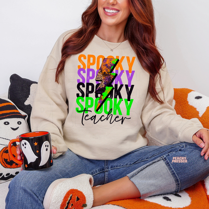 Spooky Teacher Lightning Bolt Halloween Shirt – Colorful Retro Crewneck, School Apparel