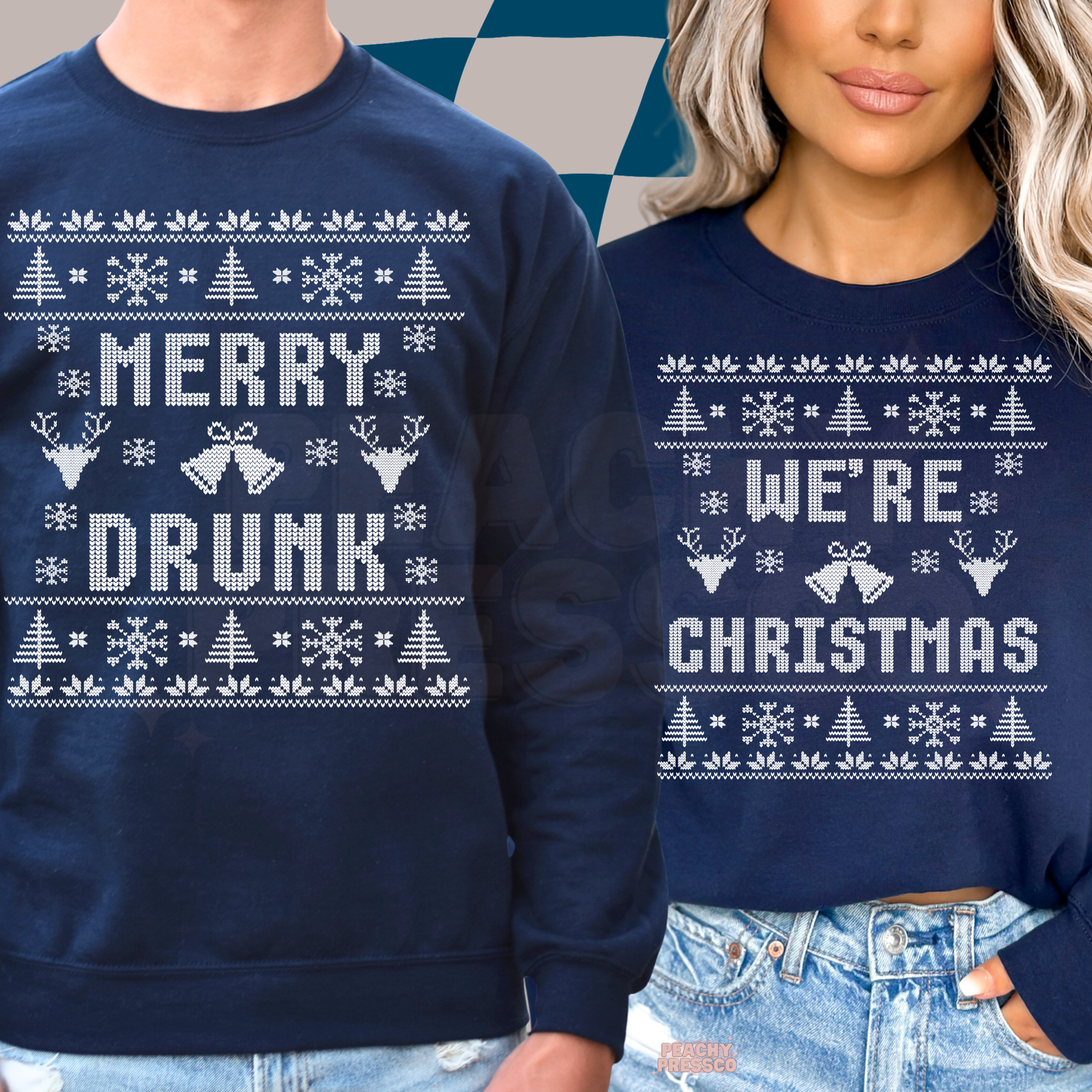 Funny Matching Christmas Shirts – Merry Drunk, We’re Christmas – Couples Holiday Apparel