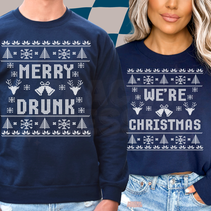 Funny Matching Christmas Shirts – Merry Drunk, We’re Christmas – Couples Holiday Apparel