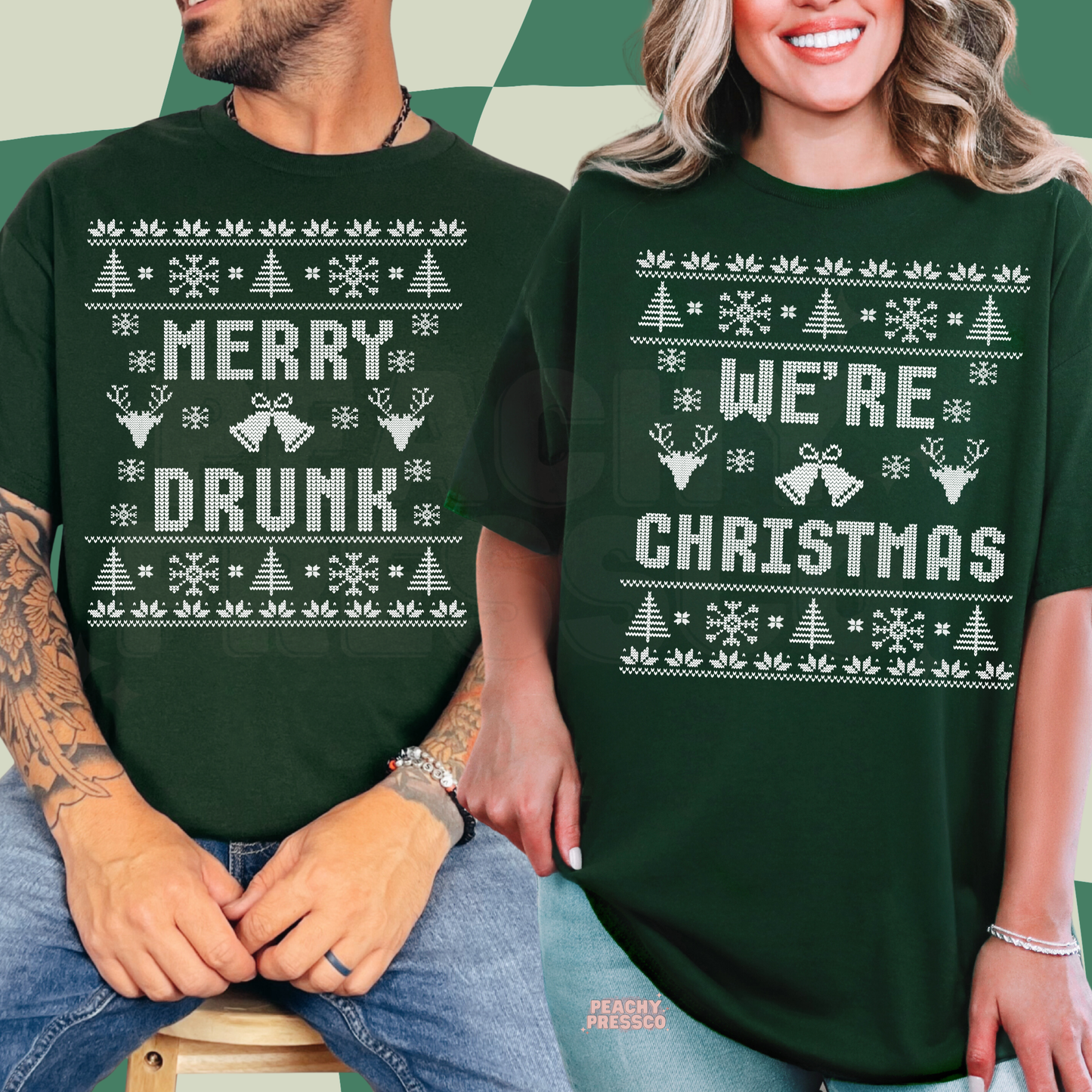 Funny Matching Christmas Shirts – Merry Drunk, We’re Christmas – Couples Holiday Apparel
