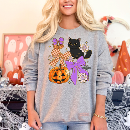 Cute Halloween Cat & Pumpkin Sweatshirt – Cozy Pullover with Bows & Ghosts, Apparel