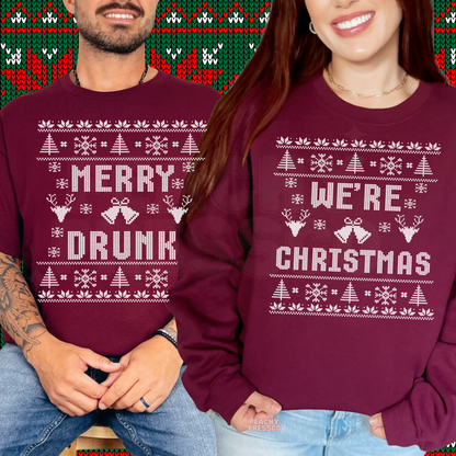 Funny Matching Christmas Shirts – Merry Drunk, We’re Christmas – Couples Holiday Apparel