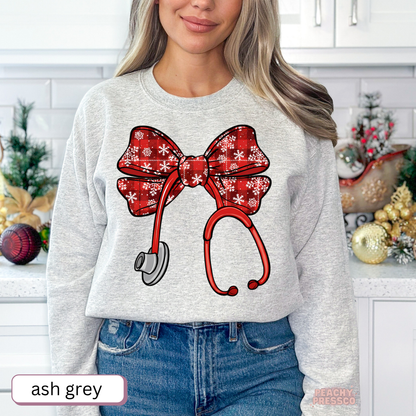 Snowflake, Red Bow Stethoscope Christmas Nurse Shirt, Holiday Apparel