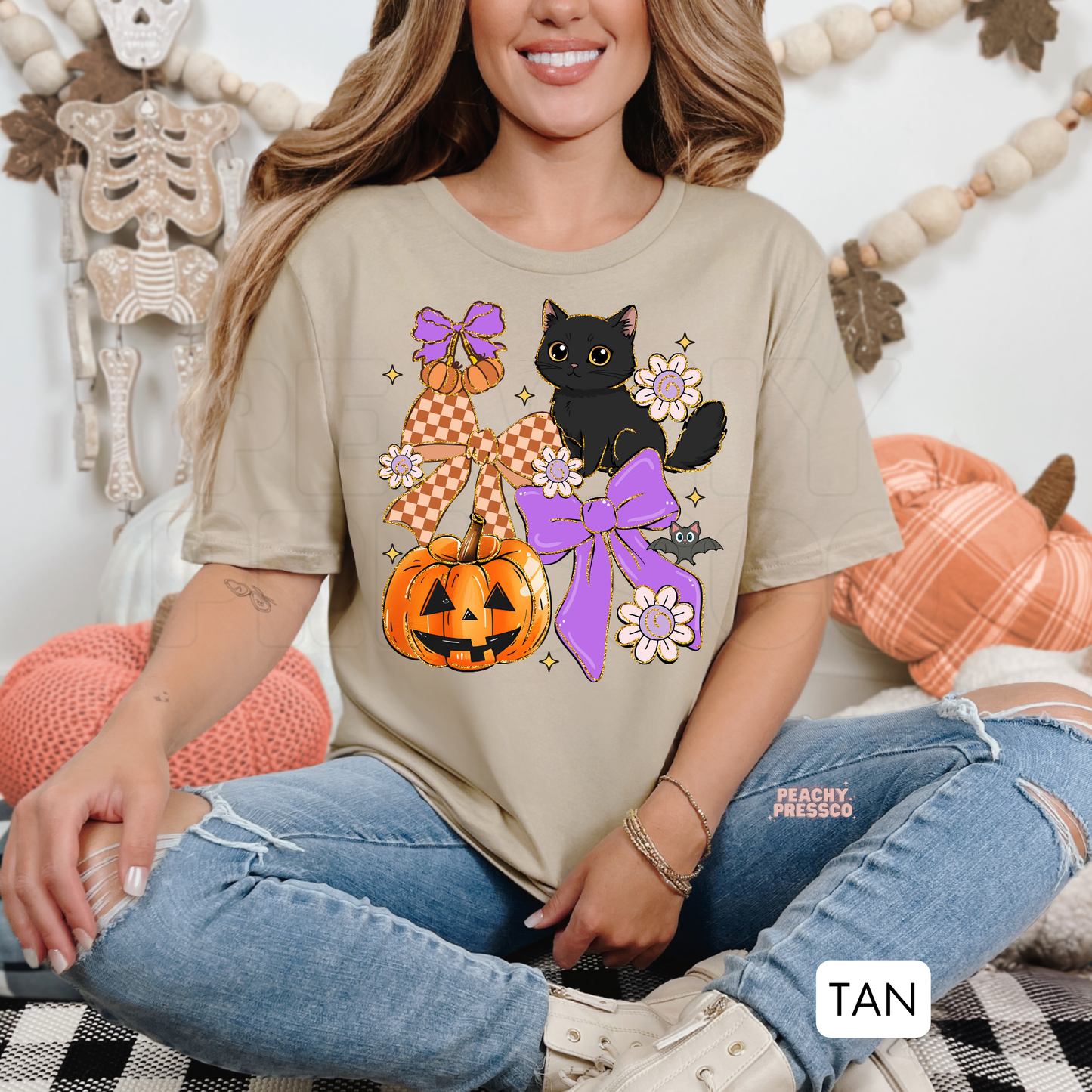 Cute Halloween Cat & Pumpkin Sweatshirt – Cozy Pullover with Bows & Ghosts, Apparel