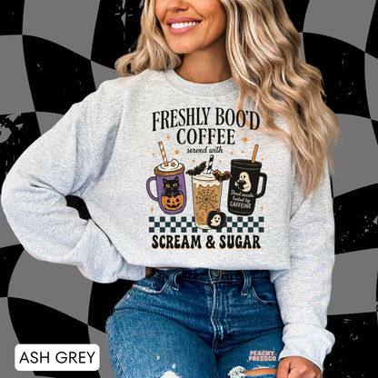 Freshly Boo'd Coffee served with Scream & Sugar Halloween Shirt | Coffee Crewneck, Apparel