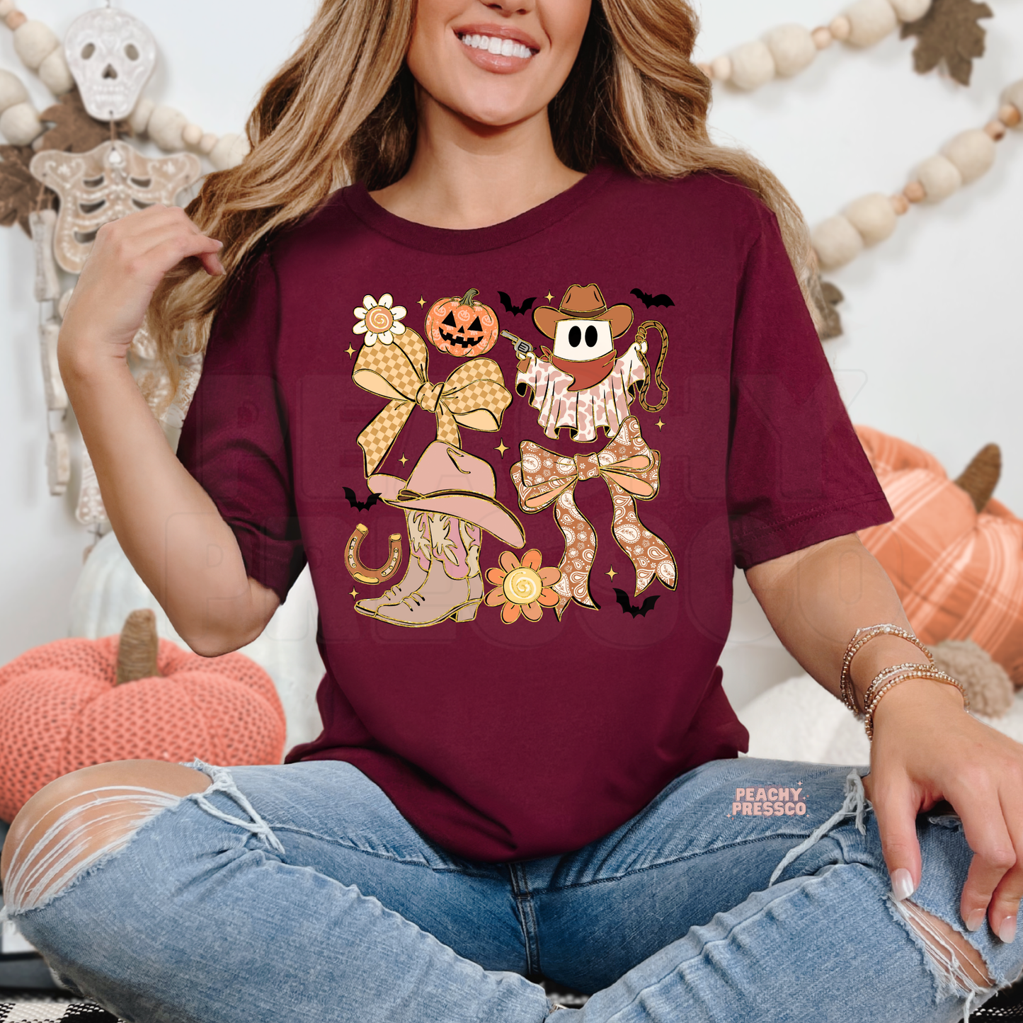 Western Cowgirl Halloween Shirt – Ghost, Pumpkin, and Bow Sweatshirt – Country Crewneck, Apparel