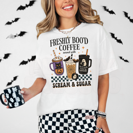 Freshly Boo'd Coffee served with Scream & Sugar Halloween Shirt | Coffee Crewneck, Apparel