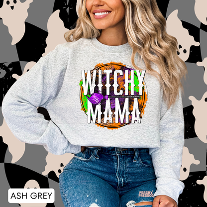 Witchy Mama Halloween Sweatshirt – Purple & Leopard Print Crewneck, Apparel