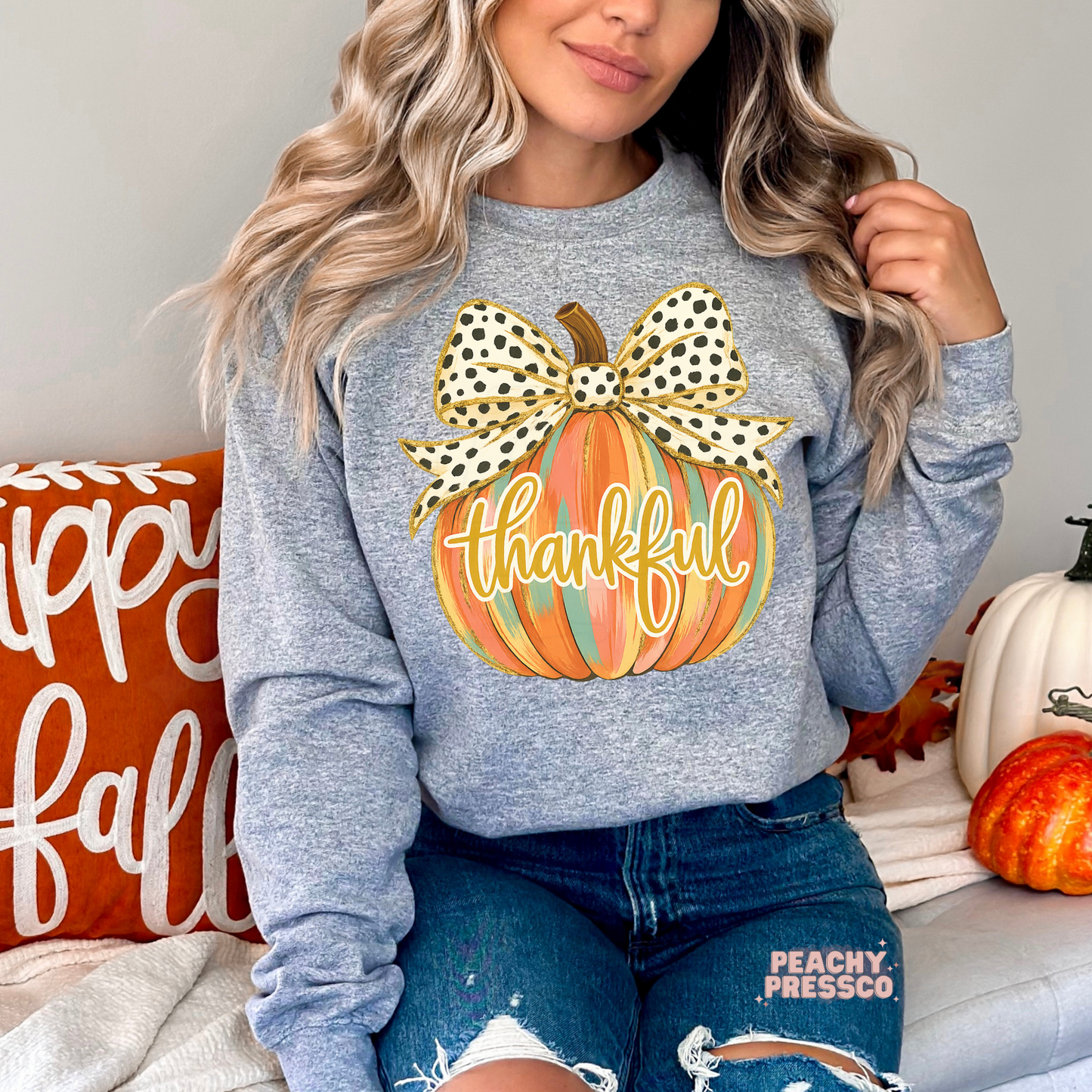 Thankful Pumpkin Sweatshirt with Polka Dot Bow – Fall Graphic Apparel