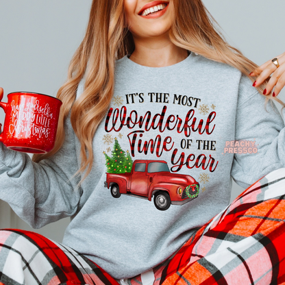 Red Truck Christmas Sweatshirt – Most Wonderful Time of the Year Holiday Pullover