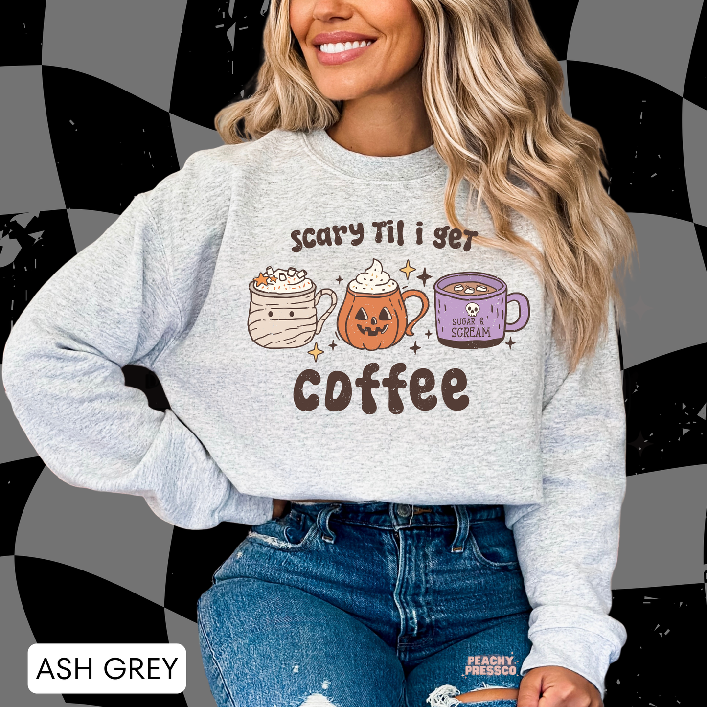 Funny Scary Til I Get Coffee, Coffee Lovers Graphic Shirt | Morning Halloween Humor Apparel