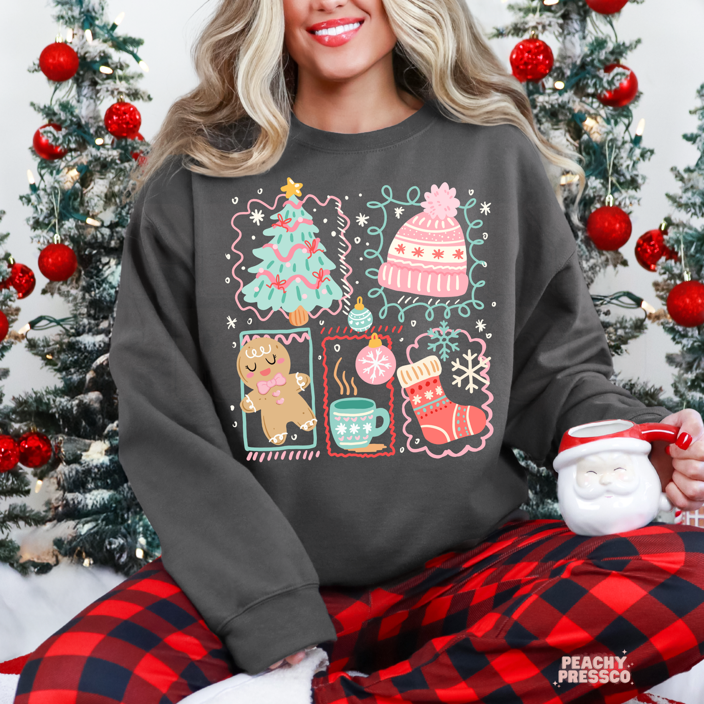 Cozy Christmas Icons Sweatshirt – Gingerbread, Cocoa & Cheer Apparel