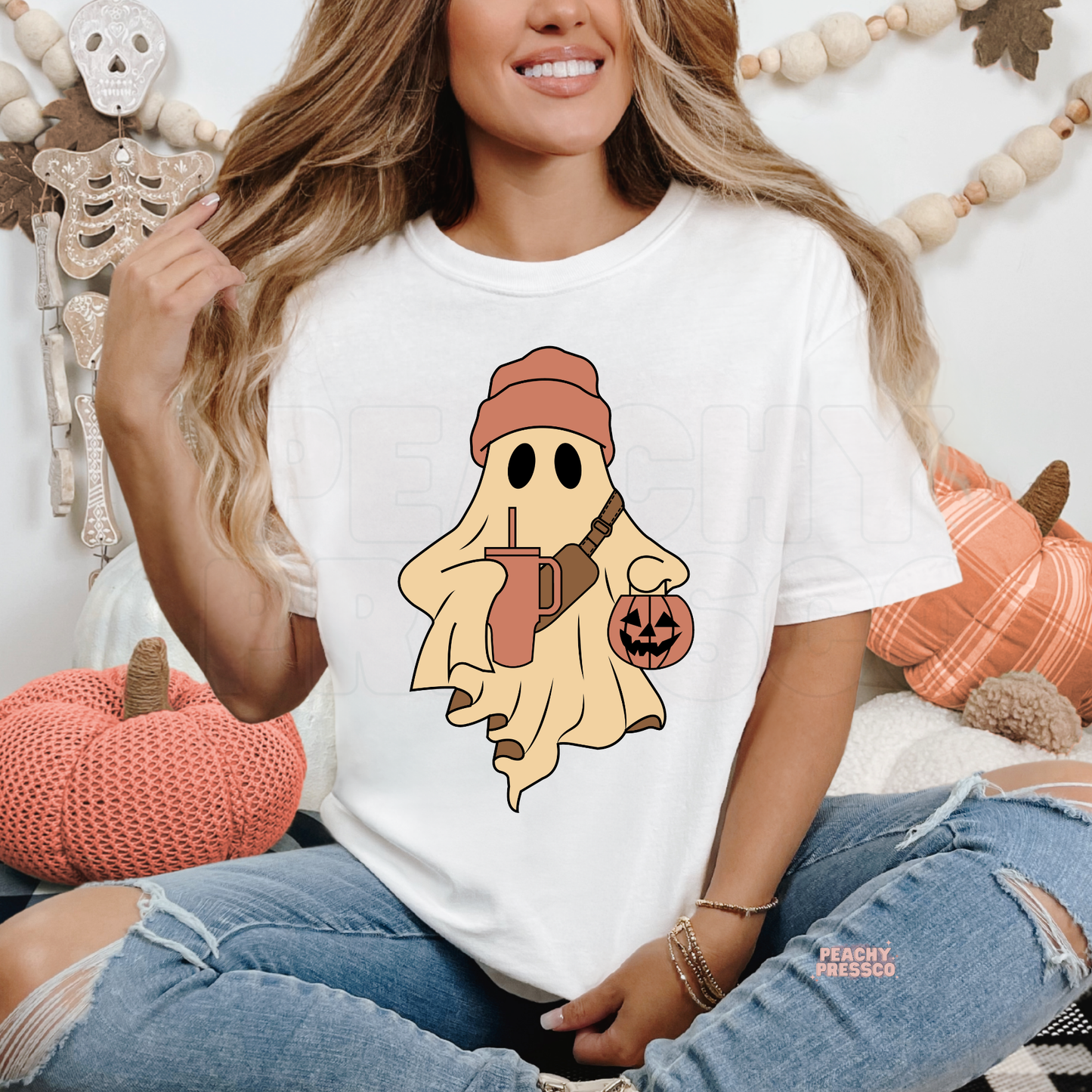 Ghost with Pumpkin & Drink Shirt | Cute Halloween Graphic Crewneck, Apparel