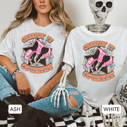Creepin It Country Sweatshirt – Pink Cowgirl Boot Halloween Crewneck – Cozy Western Pullover, Apparel
