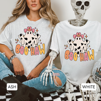 Cow Print Boo Haw Halloween Shirt – Western Ghost Cowgirl T-Shirt – Country Sweatshirt, Apparel