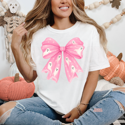 Pink Bow Ghost Graphic Shirt | Cute Halloween Crewneck, Apparel