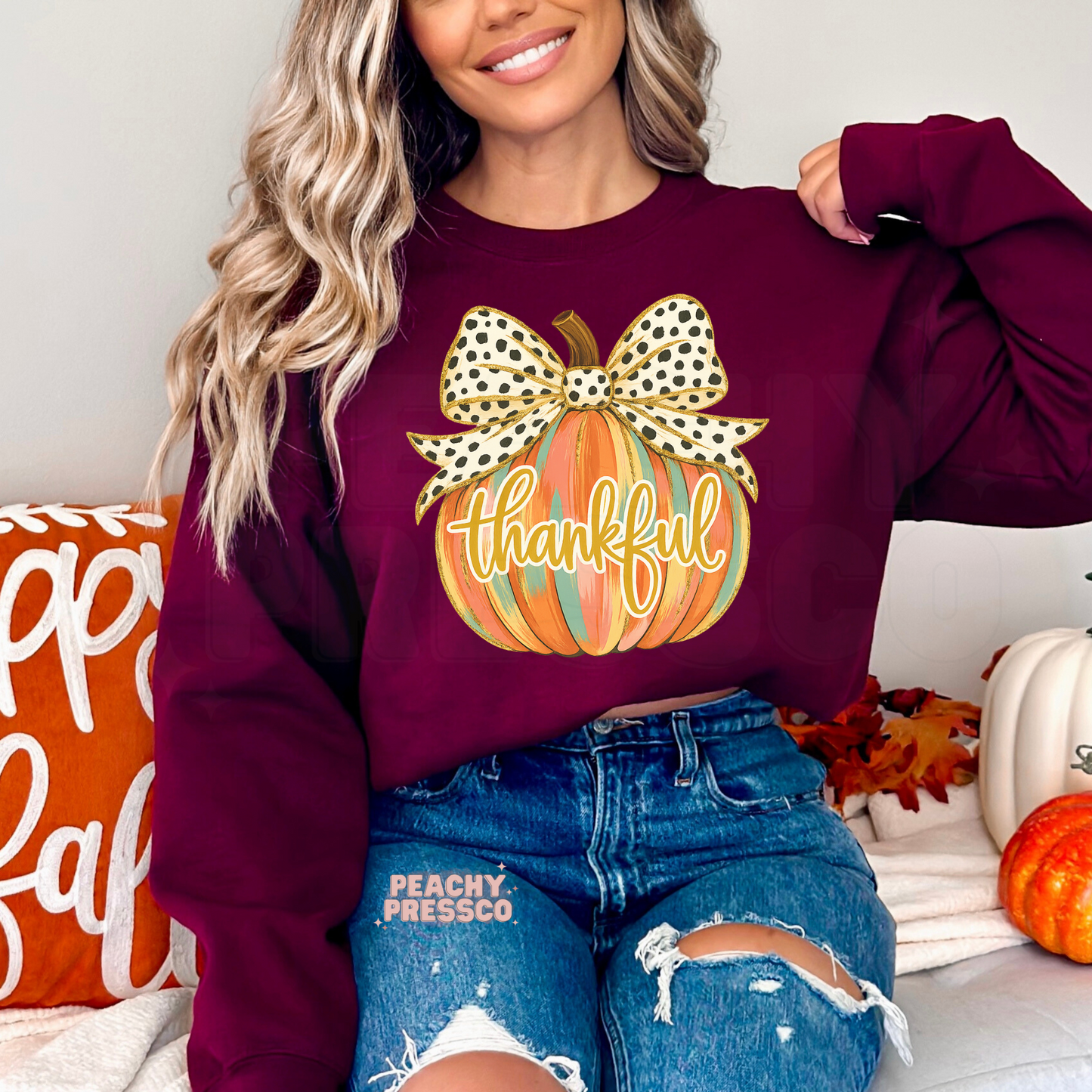 Thankful Pumpkin Sweatshirt with Polka Dot Bow – Fall Graphic Apparel