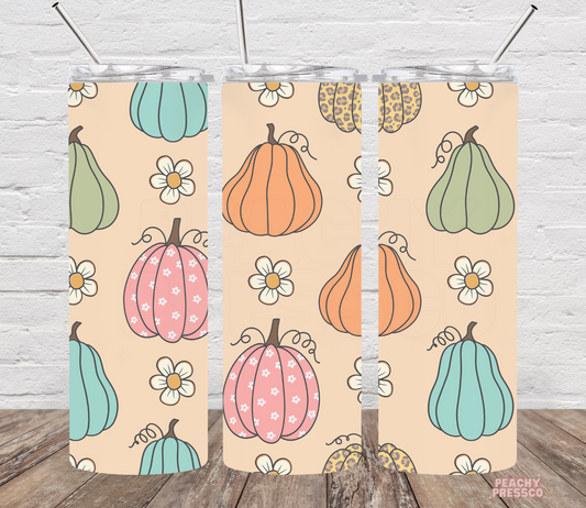 Retro Floral Pumpkin Tumbler – Colorful Fall 20oz Skinny