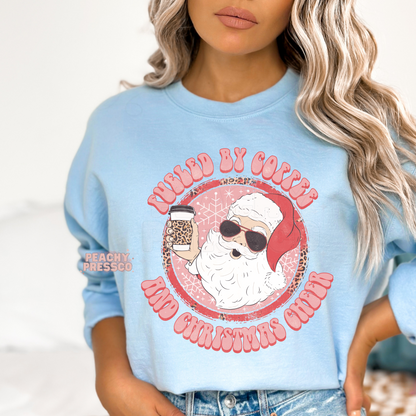 Fueled by Coffee & Christmas Cheer T-Shirt – Cool Santa Holiday Apparel